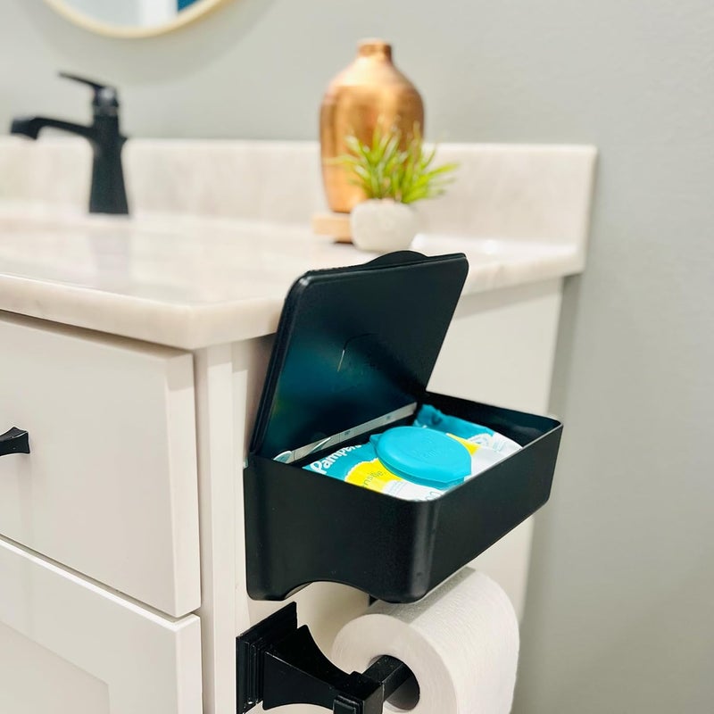Storage Theory Wipe Holder for Bathroom – Adhesive Wall Mount Organizer – Bathroom Shelf & Baby Wipes Dispenser – Black, 2 Pack - Image 2